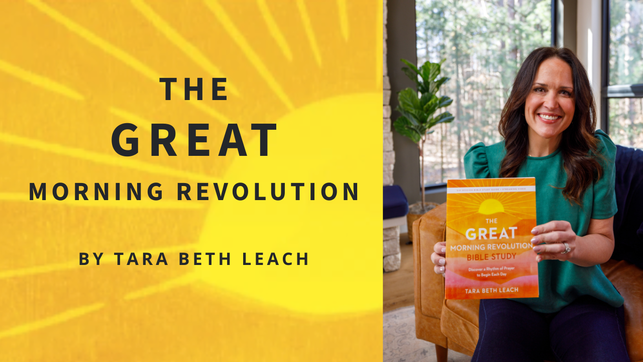 Author Tara Beth Leach holding her book, The Great Morning Revolution Bible Study Guide