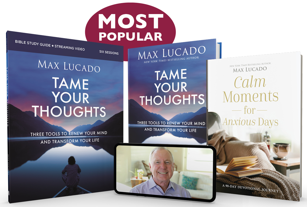Tame Your Thoughts Bible study guide book, Tame Your Thoughts book, and Calm Moments for Anxious Days devotional